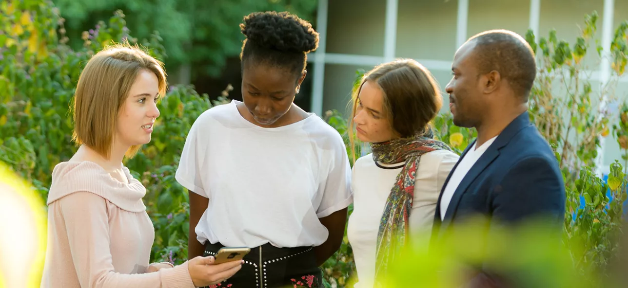Four students talking to each other at the University of Pretoria campus. Photo.