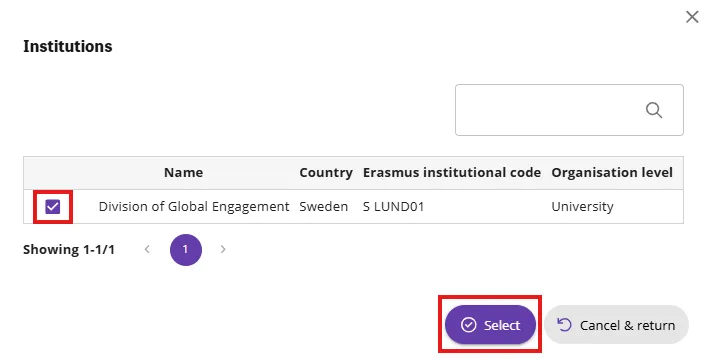 A printscreen of the Solemove system showcasing the tab where you select institution.